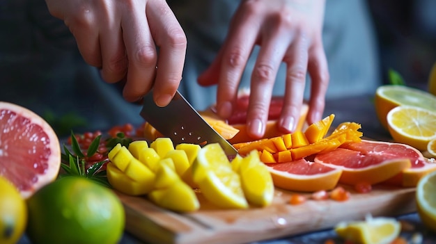 Nahaufnahme von Händen, die bunte Früchte schneiden