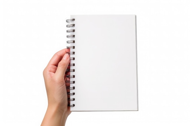 Nahaufnahme von Händen, die ein offenes leeres Notizbuch vor dem Hintergrund halten