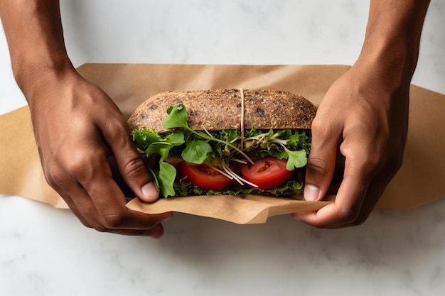 Nahaufnahme von Händen, die ein Sandwich in Pergament einwickeln.