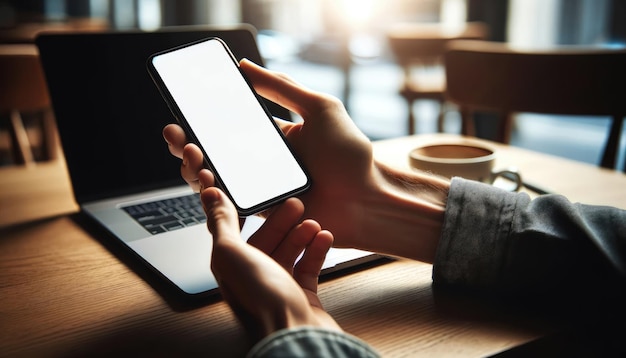 Nahaufnahme von Händen, die ein Smartphone mit einem leeren Bildschirm neben einem Laptop auf einem Holztisch halten, ideal für App-Präsentationen