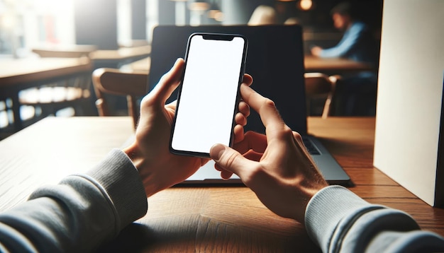 Nahaufnahme von Händen, die ein Smartphone mit einem leeren Bildschirm neben einem Laptop auf einem Holztisch halten, ideal für App-Präsentationen