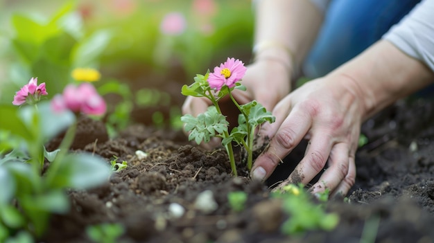 Nahaufnahme von Händen, die eine junge Blume im Boden mit Blüten im Hintergrund pflanzen