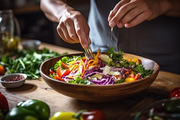 Nahaufnahme von Händen, die einen Nudelsalat mit italienischem Dressing mischen