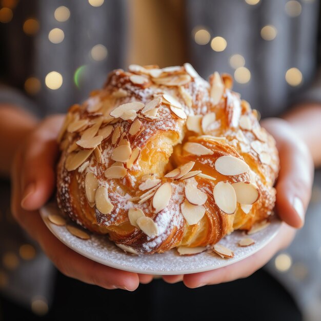 Nahaufnahme von Händen, die einen Teller mit Puffpastry-Dessert mit Mandelflecken halten