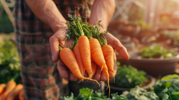 Nahaufnahme von Händen, die frische Karotten halten, mit dem Hintergrund, der eine ökologische Farm-Umgebung zeigt