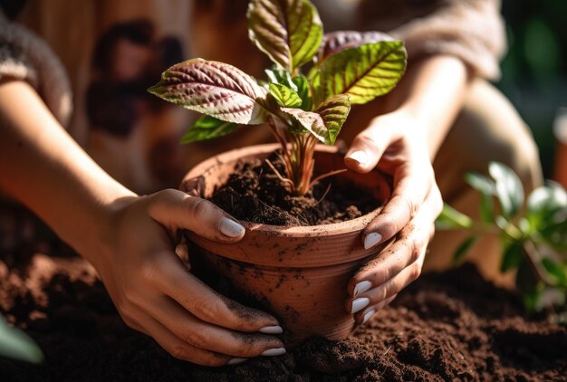 Foto nahaufnahme von händen, die im garten außenpflanzen verpflanzen