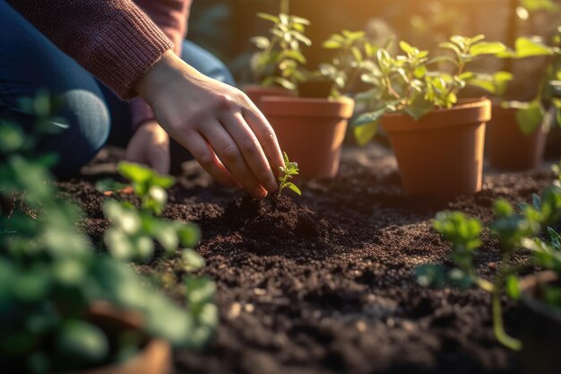 Foto nahaufnahme von händen, die im garten außenpflanzen verpflanzen