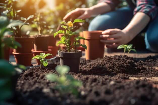 Foto nahaufnahme von händen, die im garten außenpflanzen verpflanzen