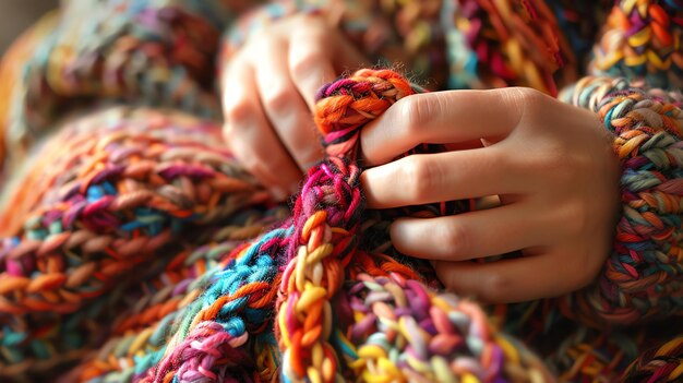 Nahaufnahme von Händen einer Person, die mit buntem Garn strickt Das Bild ist warm und einladend und die Farben sind hell und fröhlich