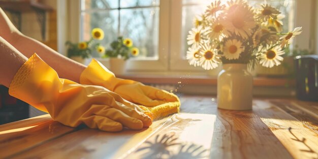 Nahaufnahme von Händen in gelben Handschuhen, die einen Tisch mit Gänseblümchen im Sonnenlicht reinigen