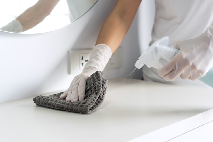 Foto nahaufnahme von händen mit handschuhen, die eine oberfläche desinfizieren