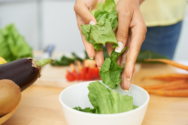 Nahaufnahme von Händen und Frau mit Salatschüssel und Ernährung mit Wellness-Salat und Zutaten Person Küche oder Mädchen mit Gemüse zu Hause oder Essen mit Mittagessen Frühstück oder natürlicher pflanzlicher Ernährung
