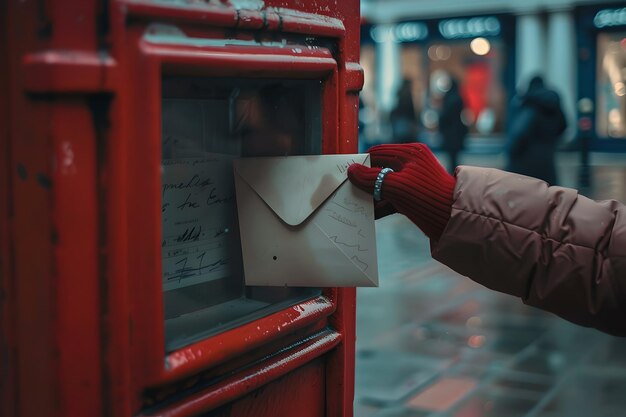 Foto nahaufnahme von hand, die einen brief in einen roten britischen briefkasten postet, an einem launischen tag, der einen moment der kommunikation erfasst, städtische szene, ki