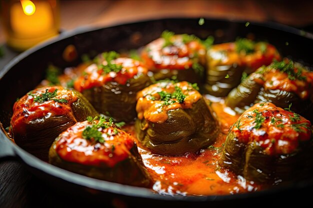 Nahaufnahme von hausgemachten gefüllten Paprika oder Dolma mit geschmolzenem Käse