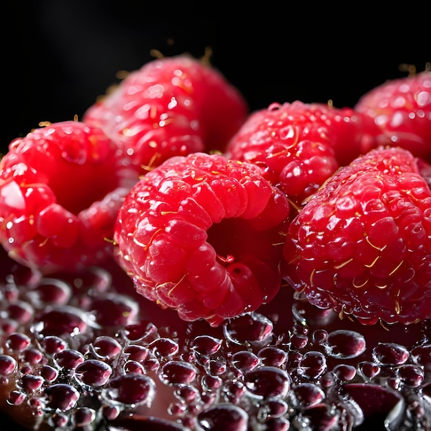 Nahaufnahme von Himbeeren mit Wassertropfen auf schwarzem Hintergrund 6 041316