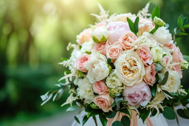 Nahaufnahme von Hochzeitsblumen und Blumenstrauß mit Rosen, Pfingstrosen und Zierpflanzen