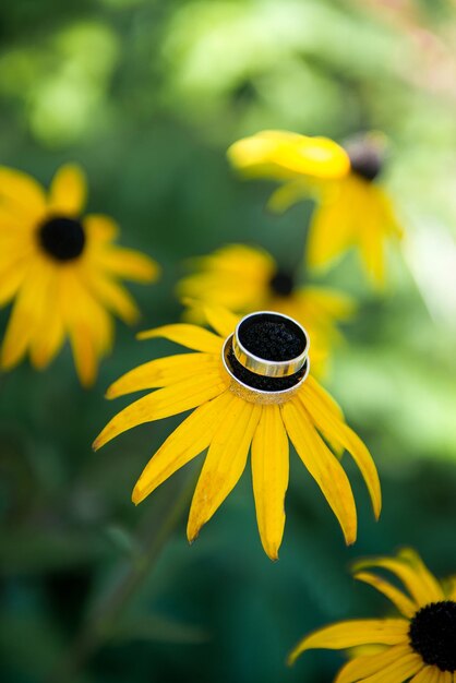 Foto nahaufnahme von hochzeitsringen auf gelber blume