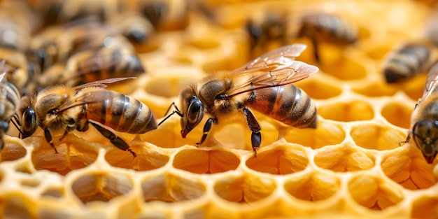 Nahaufnahme von Honigbienen auf einem Kamm Imkerei im Detail lebendige Texturen Natur und Wildtiere Imkerei Szene KI