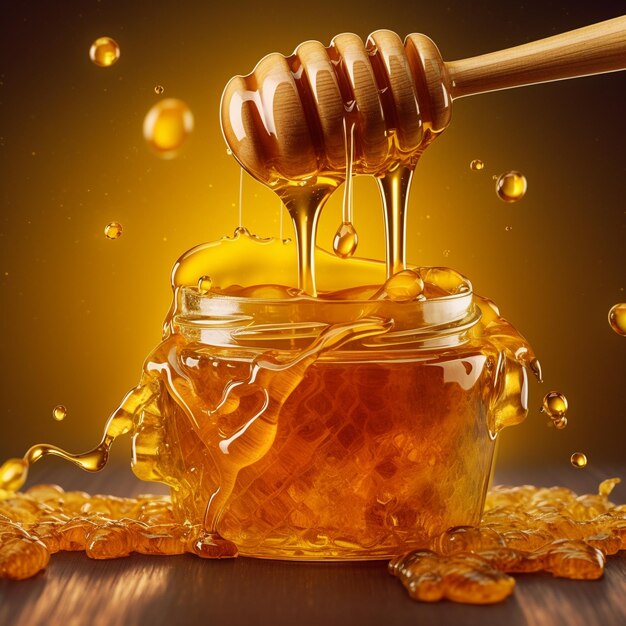 Foto nahaufnahme von honigflüssen auf teller und pfannkuchen honigwerbung