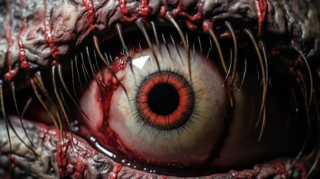 Nahaufnahme von Horrific Zombie Eye Realistische Tabletop-Fotografie