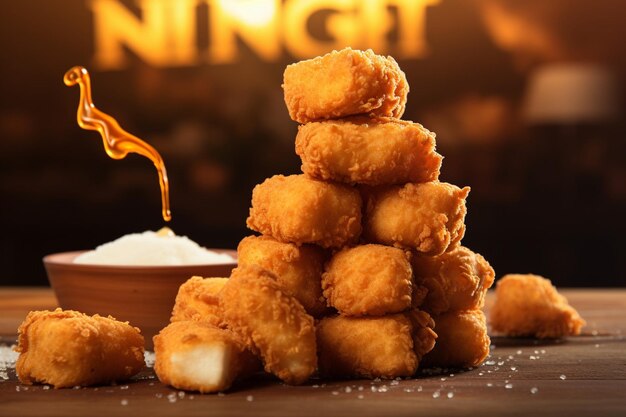 Foto nahaufnahme von hühnernuggets mit tomatensauce auf einem holztisch mit verschwommenem hintergrund