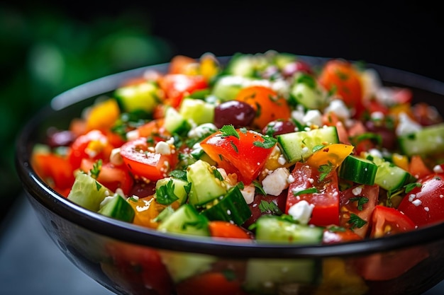 Nahaufnahme von in Würfel geschnittenen Tomaten und Gurken mit leuchtenden Farben