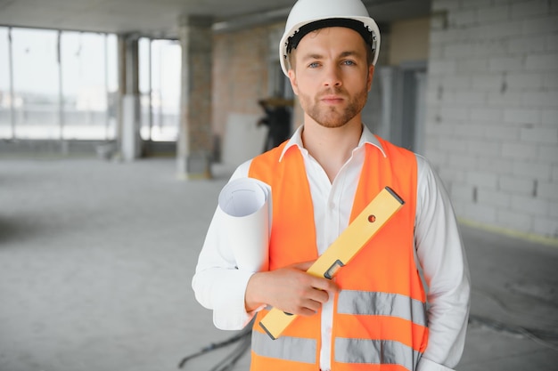 Nahaufnahme von Ingenieuren, die auf einer Baustelle arbeiten und ein BlueprintsEngineering- und Architekturkonzept halten