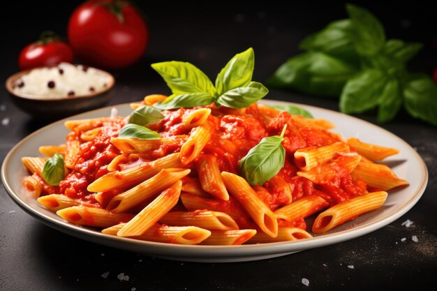 Nahaufnahme von italienischer Penne-Pasta mit Tomatensauce auf einem weißen Teller, der auf einem Tisch mit Steinbäck platziert ist