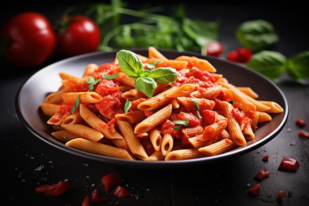 Nahaufnahme von italienischer Penne-Pasta mit Tomatensauce auf einem weißen Teller, der auf einem Tisch mit Steinbäck platziert ist