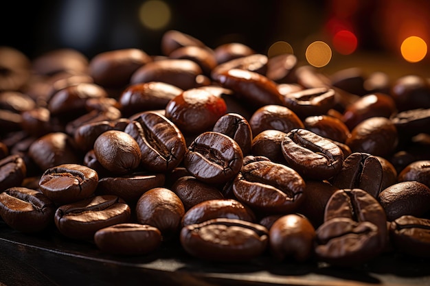 Nahaufnahme von Kaffeebohnen auf dem Tisch unter sanftem, warmem Licht und Platz für Text