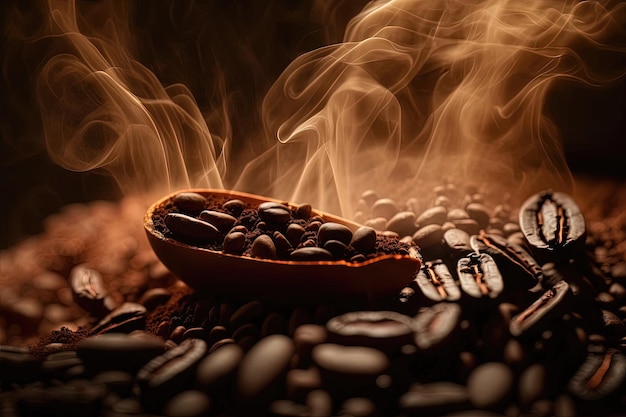 Nahaufnahme von Kaffeebohnen, die auf einem schwarzen Hintergrund angeordnet sind, der ihre satte Farbe und Textur hervorhebt Generative KI
