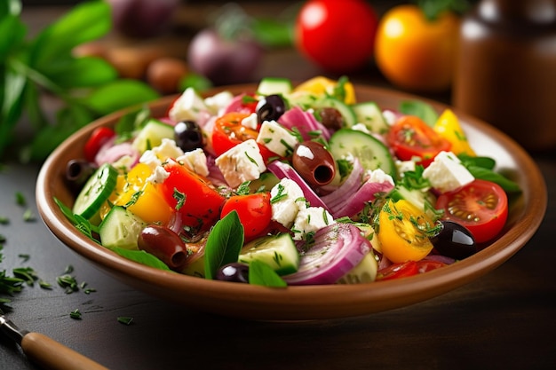 Nahaufnahme von Kalamata-Oliven und roten Zwiebeln in einem griechischen Salat