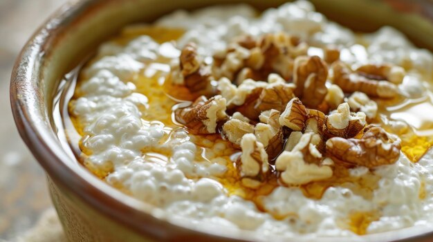 Nahaufnahme von Kefir in einer Keramikschüssel mit Honig und Nüssen