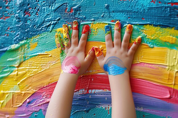 Foto nahaufnahme von kinderhänden, die mit den fingern mit leuchtender farbe an der wand malen