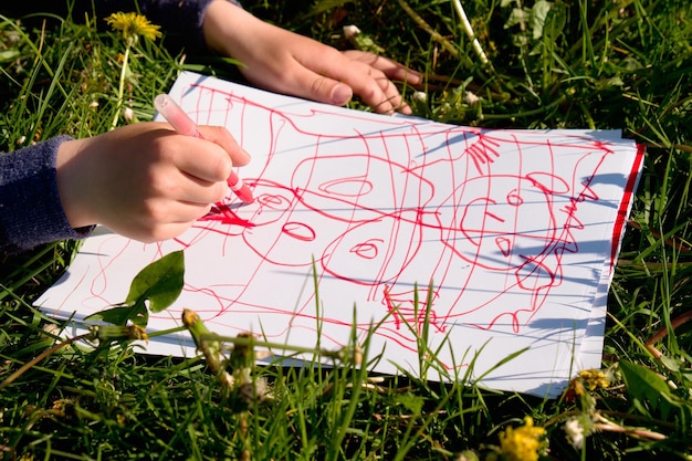 Nahaufnahme von Kindern, die farbenfrohe Ornamente auf Papiernotizbüchern im Gras der Wiese mit der Hand zeichnen