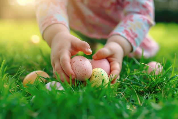 Nahaufnahme von Kleinkindern, die Easter-Eier im Gras halten