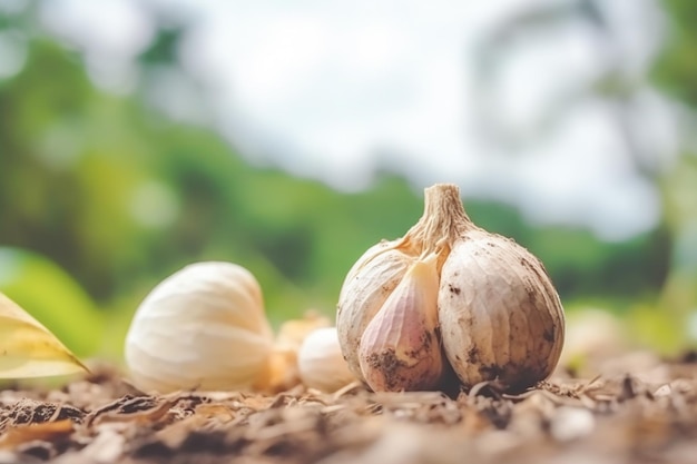 Nahaufnahme von Knoblauch auf Naturhintergrund mit Kopierraum Gesundes veganes vegetarisches Essenskonzept