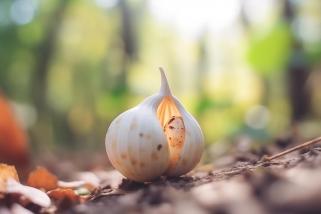 Nahaufnahme von Knoblauch auf Naturhintergrund mit Kopierraum Gesundes veganes vegetarisches Essenskonzept