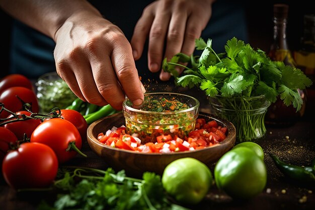 Nahaufnahme von Köchen, die die Salsa-Zutaten in einer Schüssel mischen