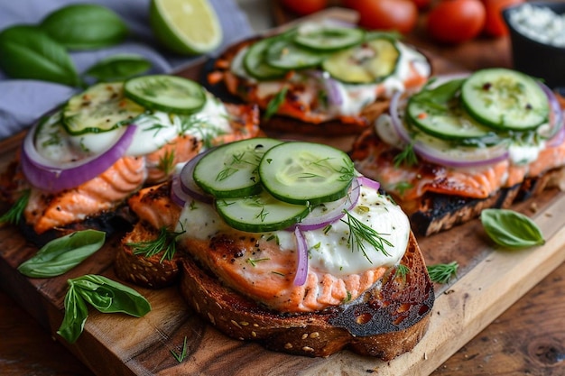 Nahaufnahme von Lachsbruschetta mit Gurke, Mozzarella, Dill, roter Zwiebel, getrockneter Tomate und Limette