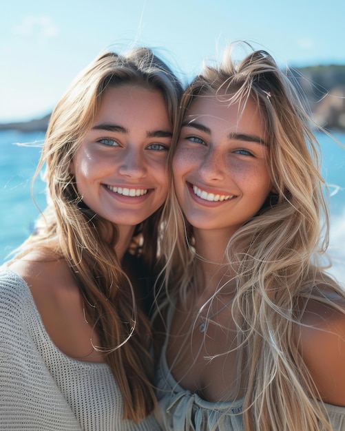 Foto nahaufnahme von lächelnden schwestern, die am strand gehen