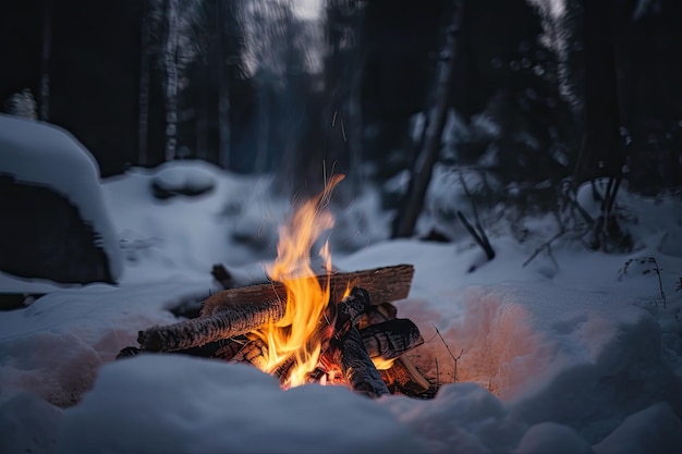 Nahaufnahme von Lagerfeuerflammen, die hell vor der verschneiten Waldkulisse brennen