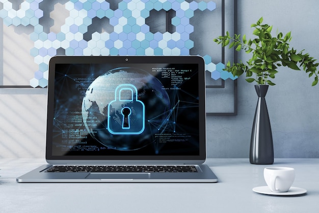 Nahaufnahme von Laptop-Computer auf dem Desktop mit Kaffeetasse dekorative Pflanzenmalerei abstraktes Sicherheitssymbol auf dem Bildschirm mit Globus und Codierung Verschwommener Hintergrund Sicherer Schutz und Web-Konzept 3D-Rendering