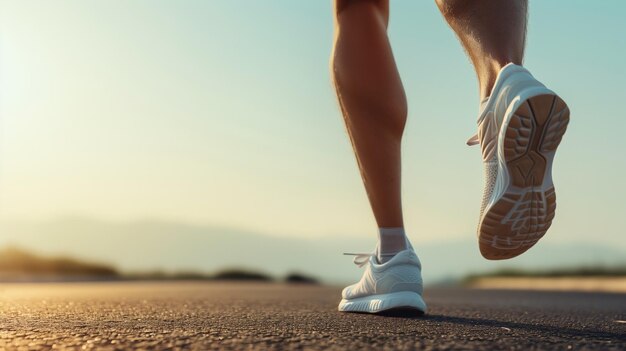 Nahaufnahme von Laufschuhen auf einer sonnigen Straße