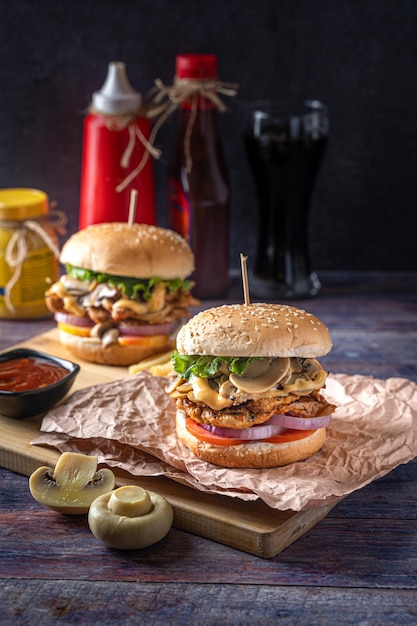 Nahaufnahme von leckeren Burgern mit Pommes auf dunklem Hintergrund