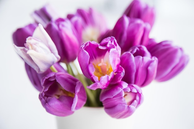 Nahaufnahme von lila Tulpen in einer Vase