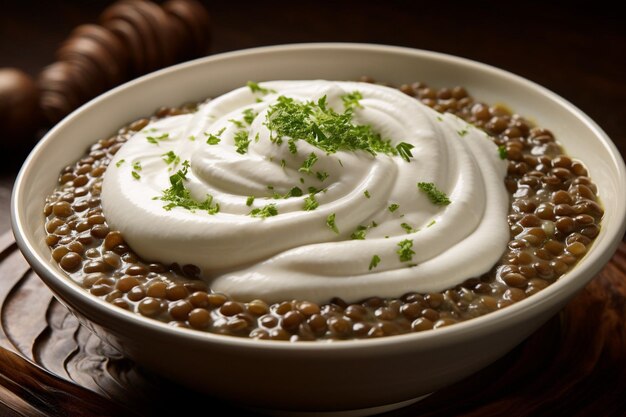 Foto nahaufnahme von linsensuppe, die mit einem zweig frischen thymian garniert ist