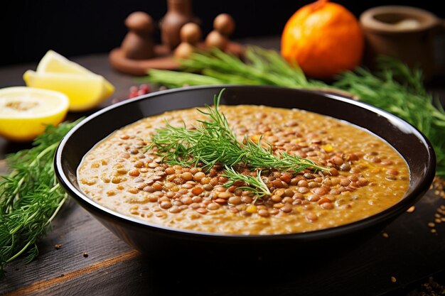 Foto nahaufnahme von linsensuppe, die mit einem zweig frischen thymian garniert ist