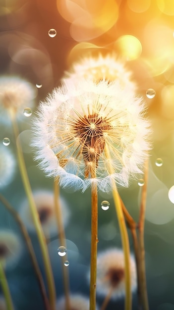 Nahaufnahme von Löwenzahnblüten mit Wassertropfen im Hintergrund. Blumentapete. Ai erzeugt