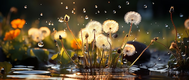 Foto nahaufnahme von löwenzahnblumen mit wassertropfen